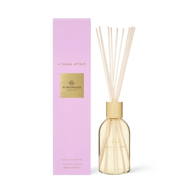 Tahaa - Glasshouse Diffuser with a pink box.