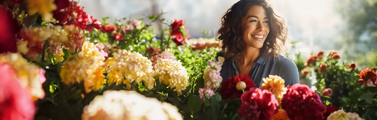 A woman smiling in a field of flowers, celebrating the beauty of nature near her local florist.