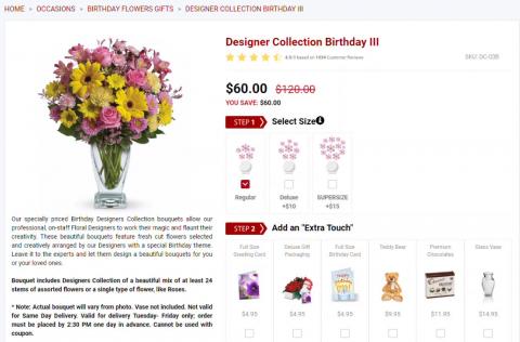 Image from Bloomex’s website in 2022 that shows strikethrough pricing, star ratings, and “50% off” statements